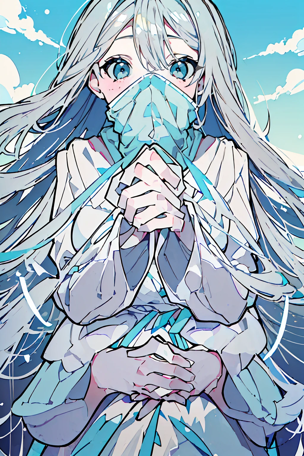 masterpiece,Highest quality,Super detailed, (((Pastel sky blue and white mullet)))) , ((((A woman covering her mouth with both (((hands))))))), upright, From the waist up, Cute and adorable high school student, hoodie,Off the shoulder:1.2, Mostima, Arknights, smile, Penguin Logistics, Light art, Soft Art, A fleeting and fantastical feeling