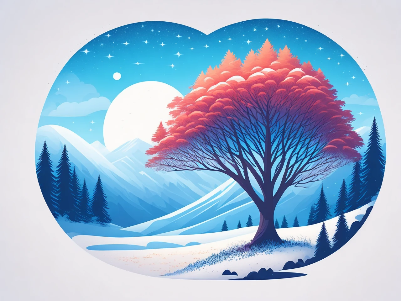 a spruice tree in a winter landscape, tshirt design, rzminjourney, vector-art
