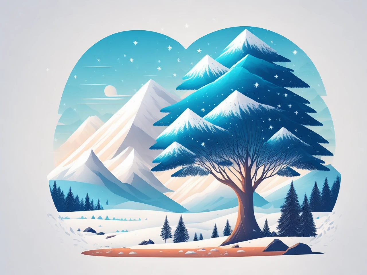 a spruice tree in a winter landscape, tshirt design, rzminjourney, vector-art