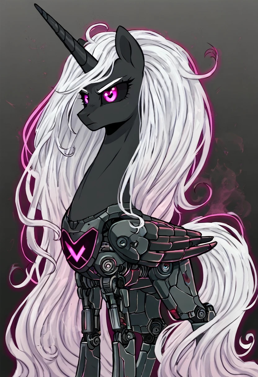 Alicorn , white mane,light blue cybernetic eyes, cybernetic body,black sclera ,black body color  long flowing  mane ,pony  pink eyes badass 