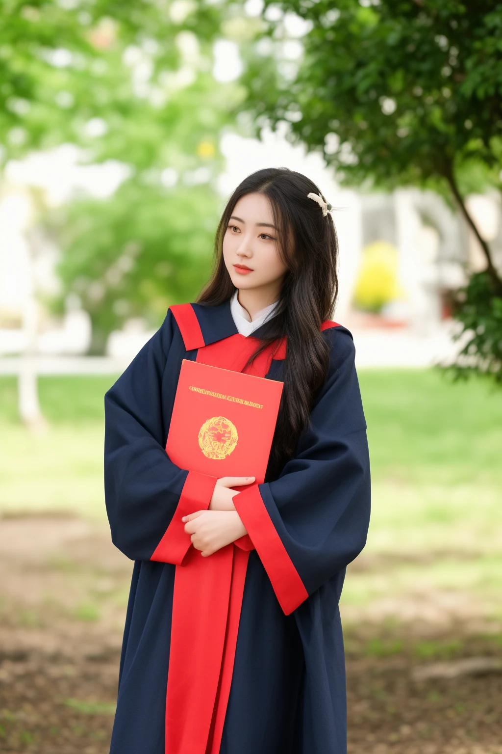 arafed asian woman in graduation gown holding a red book, wearing an academic gown, graduation photo, with acient chinese clothes, flowing hair and long robes, wearing red sorcerers robes, wearing red robes, young asian girl, wearing long royal robe, wearing headmistress uniform, asian girl with long hair, chinese girl, student, wearing gilded red robes
