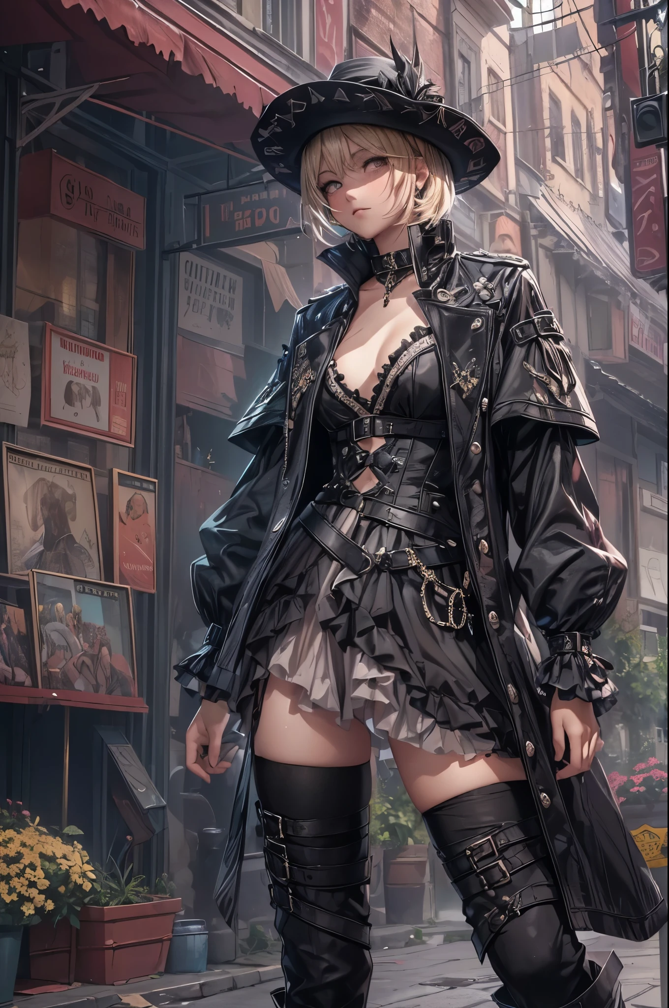 best quality,ultra-detailed,((background:outside street1,8)),(beautiful details outside the street),(cowboy shot),((one boy1,8)),((fem boy1,8)),((trap)),((bulge1,8)),black-choker,((blonde short hair)),((man’s face1,8)),((dress up as a woman)),((blush)),((flustred)),((poor chest)),((flat chest)),((flat chest)),((fake chest)),,(goth-punk-style),(beautiful details black-dresany frills with dress),(black long boots with many belts),vibrant colors,soft lighting,