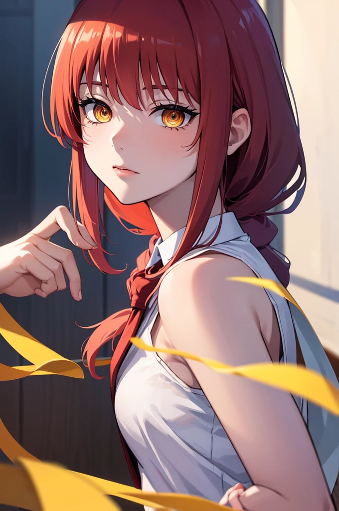 masterpiece, best quality, crossed fingers, (extremely detailed CG unity 8k wallpaper, masterpiece, best quality, ultra-detailed, best shadow), (detailed background), (beautiful detailed face, beautiful detailed eyes), High contrast,1girl, close up of a woman, anime girl with red hair and a white shirt and tie, pixiv, female anime character, detailed portrait of anime girl, anime character, realistic anime artstyle, anime girl portrait, crossed fingers, upper body, office suite, anime girl portrait