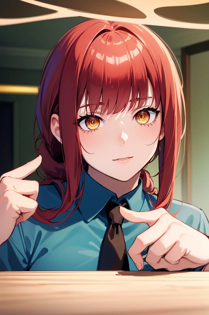 masterpiece, best quality, crossed fingers, (extremely detailed CG unity 8k wallpaper, masterpiece, best quality, ultra-detailed, best shadow), (detailed background), (beautiful detailed face, beautiful detailed eyes), High contrast,1girl, close up of a woman, anime girl with red hair and a white shirt and tie, pixiv, female anime character, detailed portrait of anime girl, anime character, realistic anime artstyle, anime girl portrait, crossed fingers, upper body, office suite, anime girl portrait