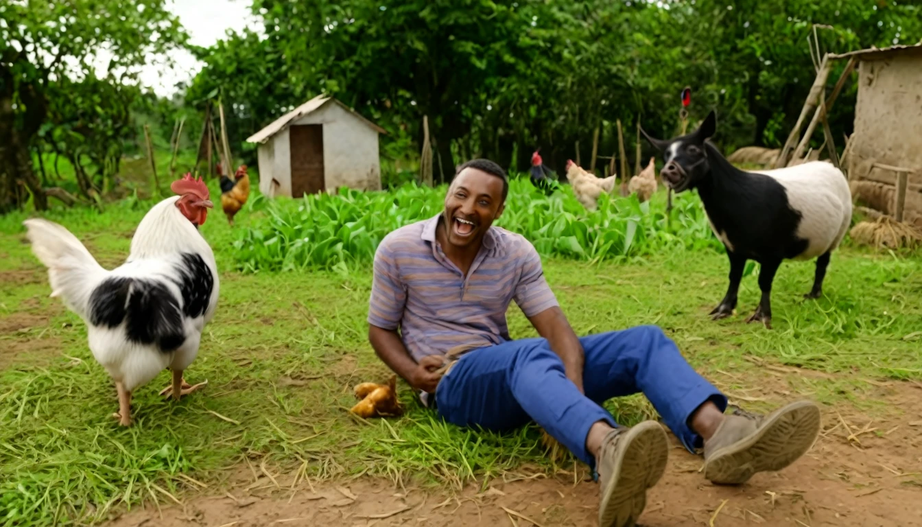 create an image for a video cover, like an ad in the cinema, rural house, black man in front, backyard with dog, chickens, pigs, donkey, insert title: Hilarious Adventures of Zeca do Boi, Laughter Guaranteed in the Countryside at the top of the image