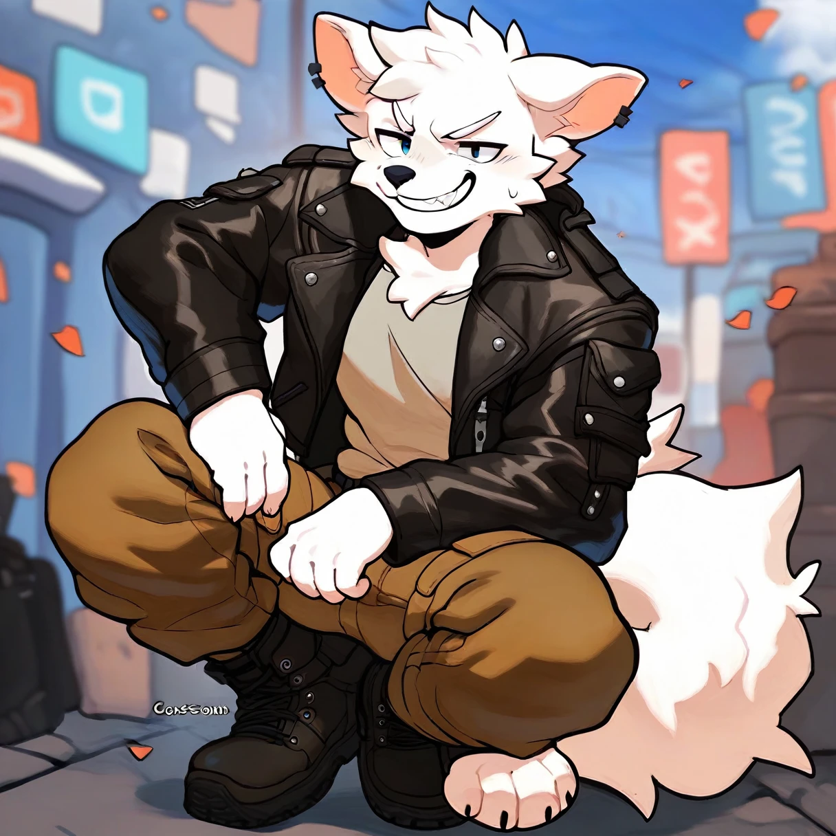 score_9,score_8_up,score_7_up,score_6_up,score_5_up,score_4_up, solo anthro furry, boykisserfur, male, white fur, white ears, grin, smug, leather jacket, cargo pants, full body, black nose, clean art
break