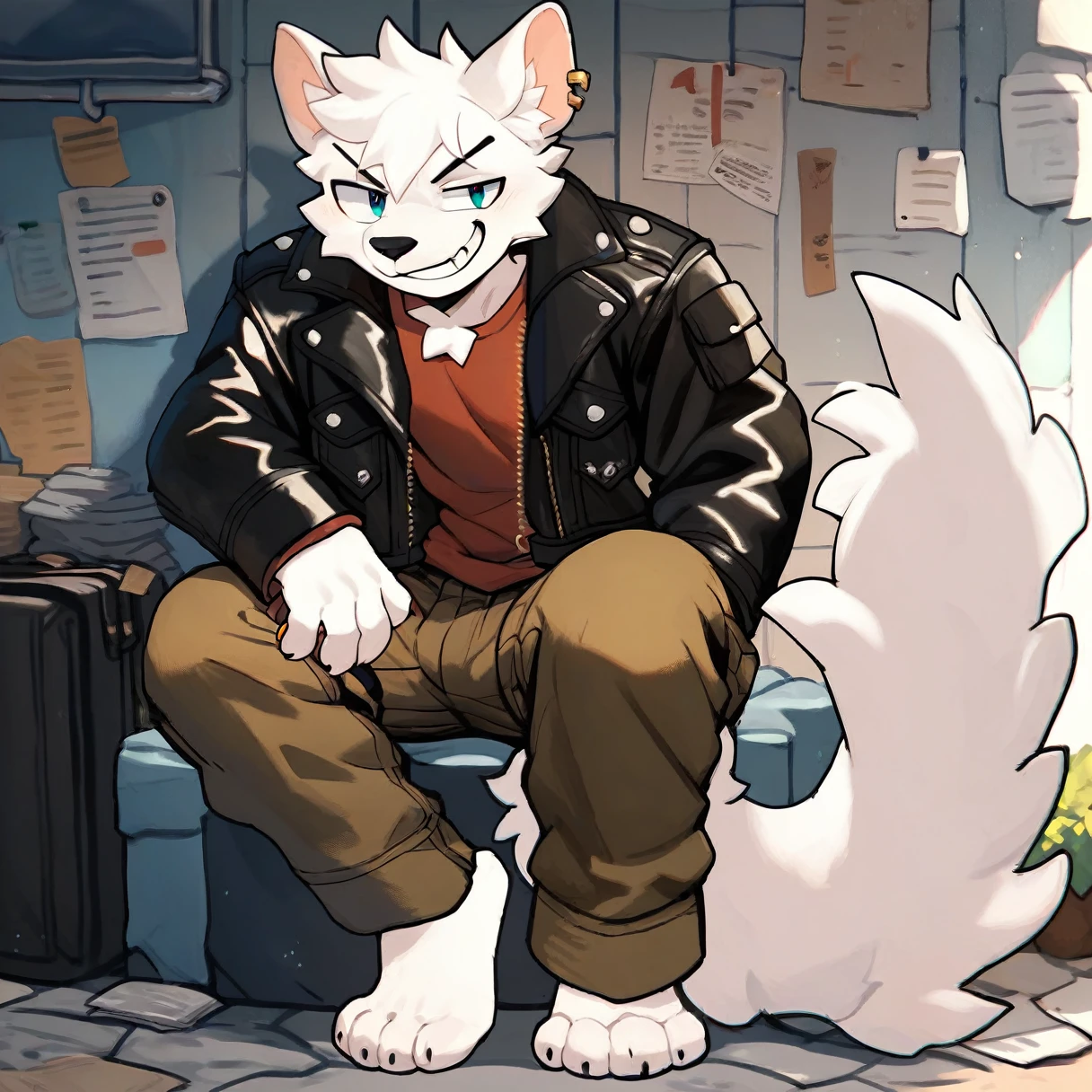 score_9,score_8_up,score_7_up,score_6_up,score_5_up,score_4_up, solo anthro furry, boykisserfur, male, white fur, white ears, grin, smug, leather jacket, cargo pants, full body, black nose, clean art
break