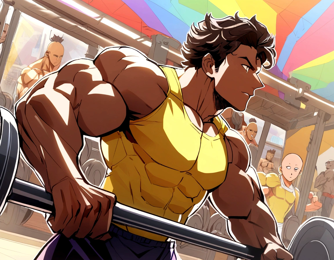 Saitama ((careca)), Um homem de soco, masculino, Working out intensely in a bodybuilding gym, Well-defined and detailed muscles,