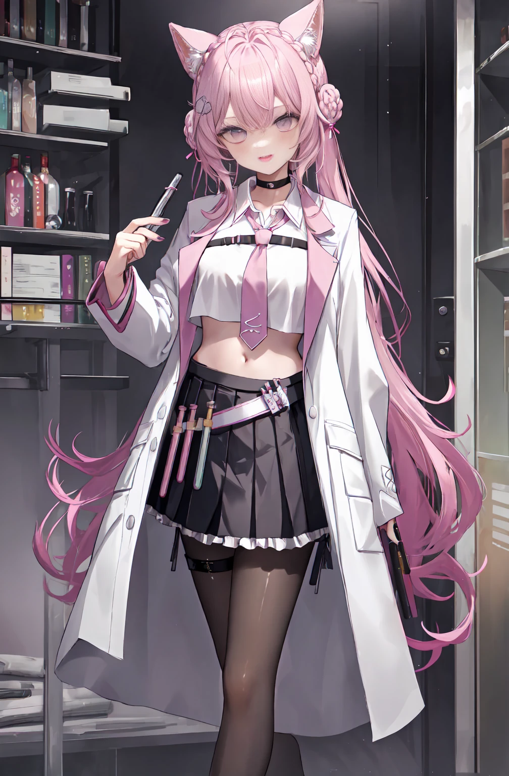 long hair, hair bun, double bun, braided bun, crown braid, hexagon, choker, black choker, necktie, pink necktie, shirt, white shirt, collared shirt, crop top, crop top overhang, fingernails, nail polish, pink nails, watch, pocket watch, midriff, navel, belt, skirt, miniskirt, black skirt, pleated skirt, frills, frilled skirt, test tube, pantyhose, black pantyhose, thigh strap, shoes, black footwear, high heels, coat, labcoat, white coat, open coat, open clothes, long sleeves, sleeves past wrists, pocket, smile, laboratory,:d