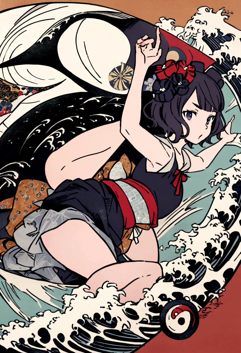 Ukiyo-e style、Katsushika Hokusai、A girl is surfing、surfing、high quality、high resolution