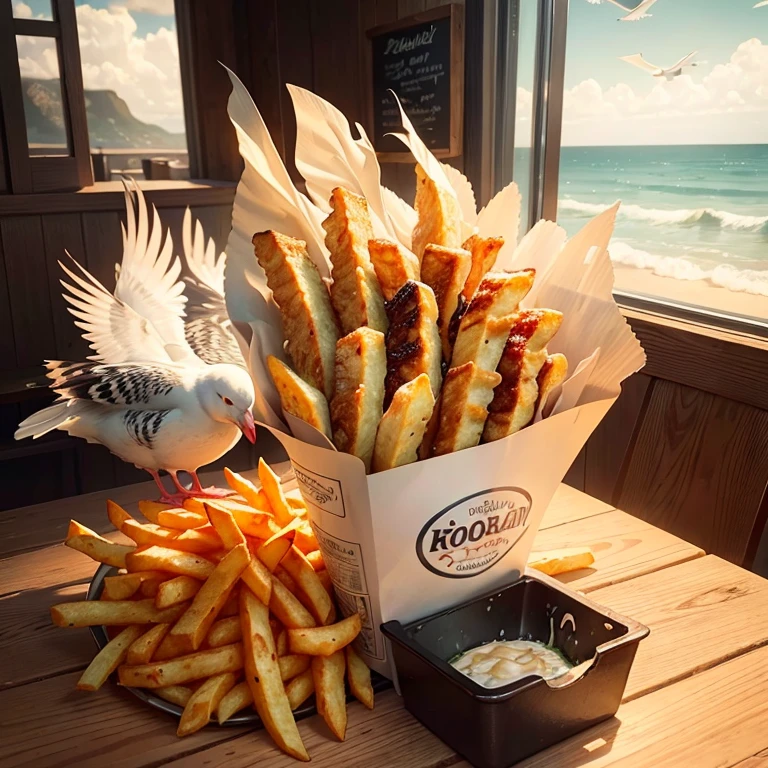 A flock of seagulls eating the fries ((seagulls eating fries:1.1)), fast food restaurant, seaside burger shop, seagulls in the restaurant, sea gull detailed realistic oil painting, beautifully detailed, photorealistic, 8k, masterpiece, highly detailed, vibrant colors, warm lighting, cozy atmosphere, beautiful landscape, dramatic sky, realistic textures, intricate details, cinematic composition,