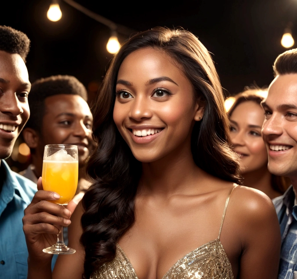 Imagem: A mesma jovem em um ambiente de festa, cercada por amigos e admiradores. She's in the spotlight, com um sorriso confiante. She holds a glass of drink and appears to be having fun without any worries. The men around her are clearly interested in her, with expressions of fascination and adoration. The atmosphere is lively, with flashing lights and loud music. realista, , rim lighting, duotone lighting,(pele com alto detalhe: 1.2), 8k hd, rosto bonito,physicist, Efeito , alta qualidade, volumetric light, tiro furtivo, foto, high resolution, 4K, 8K, bokeh