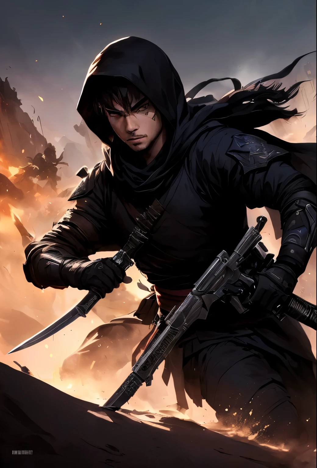 um close up de uma pessoa segurando uma arma em um deserto, assassin, assassino sinistro, badass anime 8 k, mk ninja, thief warrior, Guilherme H.. pongiluppi, assassins, O assassino onipotente, Artgerm Craig Mullins, arte de fundo, assassino, Artgerm e Craig Mullins, mystical ninja, arte 4k, mascara justiceiro