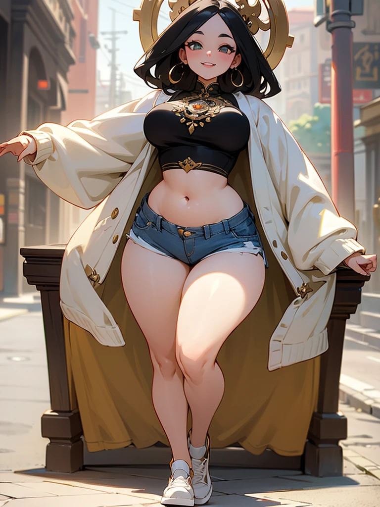 Stunning Beauty Voluptuous Javanese Wife. Smile. Wedding ring. Wearing only white cardigan, very short jeans hotpants, and white sneakers. Beautiful belly, beautiful waist, beautiful thighs, and beautiful legs. Full body photo, head to toes, wide angle. Background in public street. HD image, very detailed anatomy, very detailed background. A MASTERPIECE.