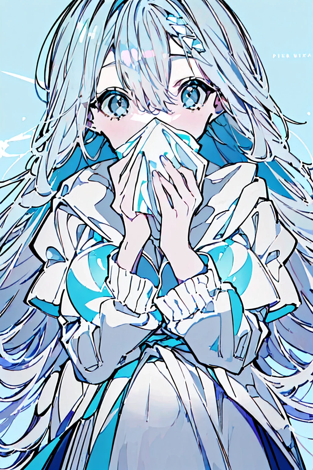 masterpiece,Highest quality,Super detailed, (((Pastel sky blue and white mullet)))) , ((((A woman covering her mouth with both hands))), upright, From the waist up, Cute and adorable high school student, hoodie,Off the shoulder:1.2, Mostima, Arknights, smile, Penguin Logistics, Light art, Soft Art, A fleeting and fantastical feeling
