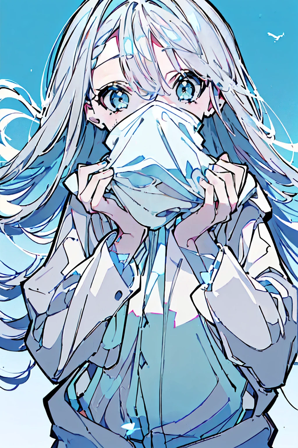 masterpiece,Highest quality,Super detailed, (((Pastel sky blue and white mullet)))) , ((((A woman covering her mouth with both hands))), upright, From the waist up, Cute and adorable high school student, hoodie,Off the shoulder:1.2, Mostima, Arknights, smile, Penguin Logistics, Light art, Soft Art, A fleeting and fantastical feeling