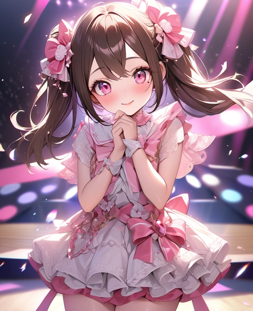 One Girl、Looking at the audience、
Beautiful Pink Eyes、Brown short twin tail  hair、Mole under the eye、Plump and glossy lips、Heart-shaped choca、Idol、she is name Riko,smile、ー、。.。.。.。.。.。.。.。.。.。.。.。.。.。.。.。.。.。.3D、Realistic、
idol costume、short skirt,Drape clothes、gem、The decoration has been removed、Floral、Lace trim,On the glittering stage、
masterpiece、highest quality、8k、Detailed skin texture、Detailed cloth texture、Beautifully detailed face、Intricate details、Very detailed、
超A high resolution、8K Ultra HD、Film Grain、Best Shadow、delicate、Staring at the audience、front