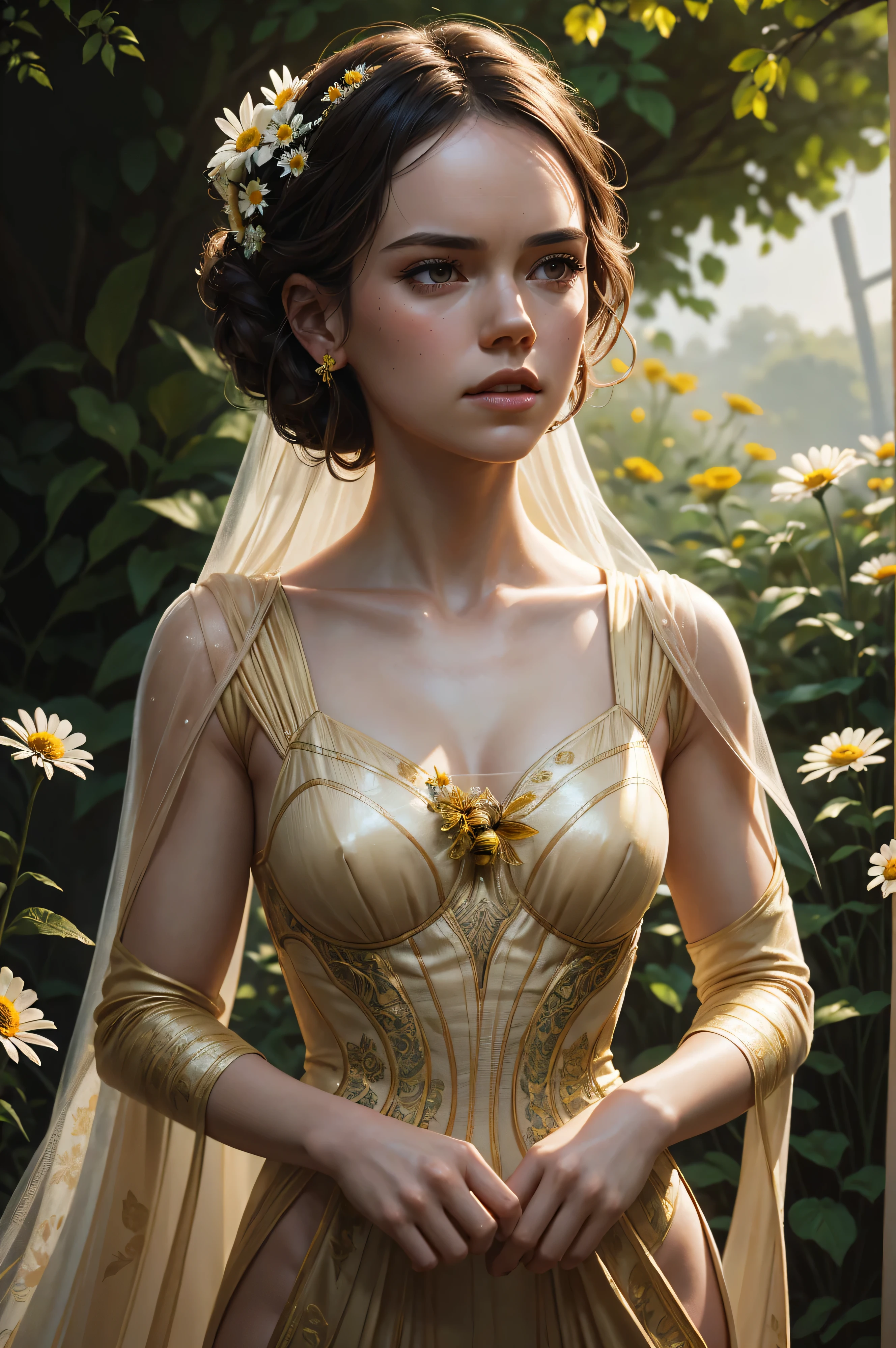 Daisy Ridley, wearing nude bee costume, against the background of the garden, character portrait, 3 9 9 0 s, long hair, intricate, elegant, highly detailed, digital painting, artstation, concept art, smooth, sharp focus, illustration, art by wlop, charlie bowater and alexandra fomina, 36k