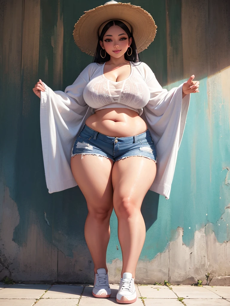 Stunning Beauty Voluptuous Javanese Wife. Smile. Wedding ring. Wearing only white cardigan, very short jeans hotpants, and white sneakers. Beautiful belly, beautiful waist, beautiful thighs, and beautiful legs. Full body photo, head to toes, wide angle. Background in public street. HD image, very detailed anatomy, very detailed background. A MASTERPIECE.