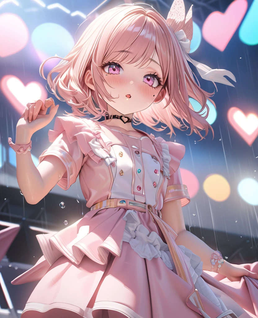One Girl、Looking at the audience、lovely, Beautiful pink eyes、Two brown double hair buns , Mole under the eye、Plump and glossy lips、Heart-shaped choca、Idol、Her name is May, smile、ー、。.。.。.。.。.。.。.。.。.。.。.。.。.。.。.。.。.。.3D、Realistic、 The idol's costume was soaked in the heavy rain, and her chest was wet and transparent.Heavy rain at outdoor concert, Drape clothes、gem、The decoration has been removed、Floral、Lace trim,On a glittering stage、 masterpiece、highest quality、8k、Detailed skin texture、Detailed cloth texture、Beautifully detailed face、Intricate details、Very detailed、 超A high resolution、8k Ultra HD、Film Grain、Best Shadow、delicate、Gazing at the audience、front