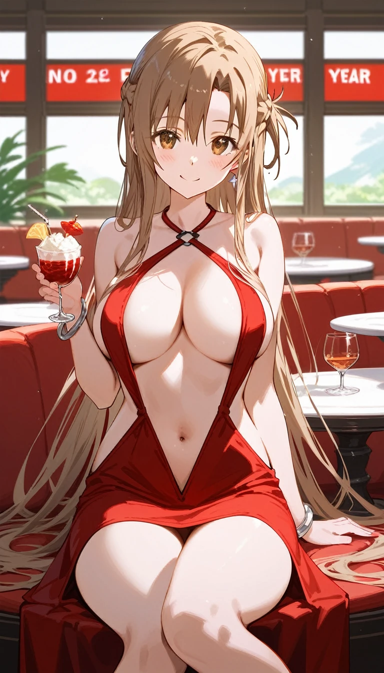 score_9,score_8_up,score_7_up,18 year old,1girl,asuna \(sao-alo\), sword art online,yuuki asuna,solo,nsfw,brown eyes, brown hair, long hair, bangs, braid,sitting, holding cup,seductive-smile,blush,large breasts,brown hair,parted hair,long hair,red dress,halter dress,plunging neckline,center opening,cleavage,navel,earrings,bracelet,restaurant,