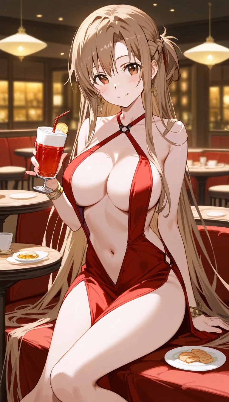 score_9,score_8_up,score_7_up,18 year old,1girl,asuna \(sao-alo\), sword art online,yuuki asuna,solo,nsfw,brown eyes, brown hair, long hair, bangs, braid,sitting, holding cup,seductive-smile,blush,large breasts,brown hair,parted hair,long hair,red dress,halter dress,plunging neckline,center opening,cleavage,navel,earrings,bracelet,restaurant,