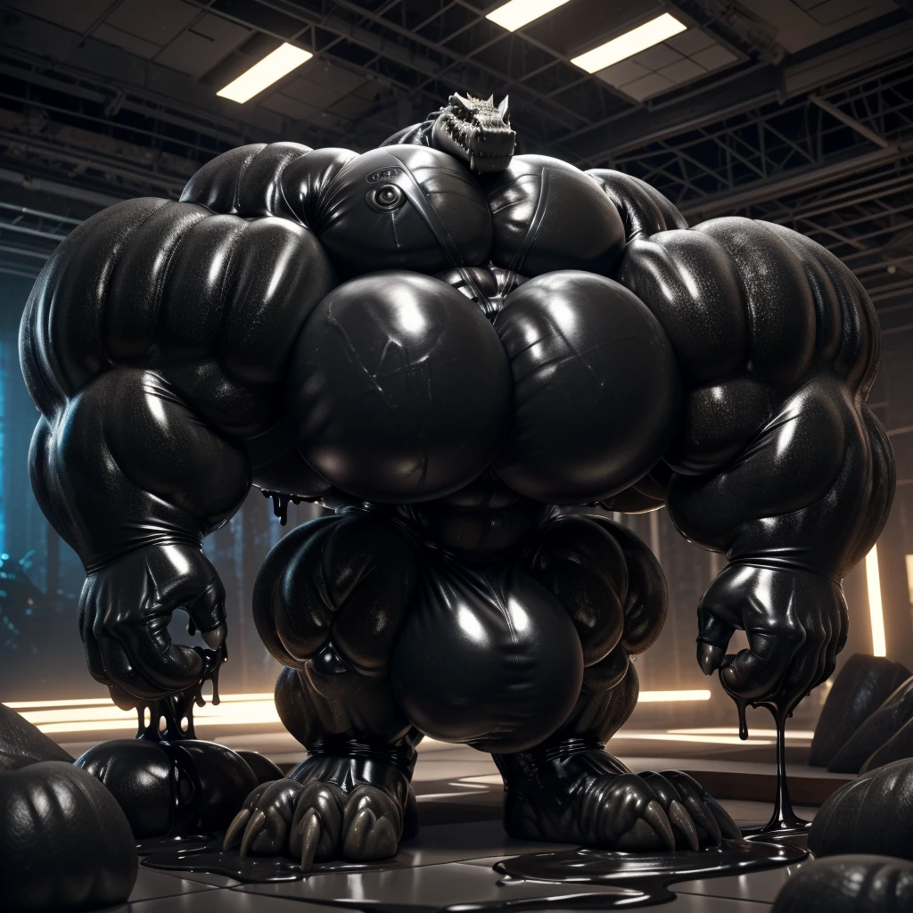 solo, male, , , ,  (hyper pecs:1.2), （long thick thighs:1.5）, standing, indoor,，(，,(,solo,very hyper muscles:1.3)((, Huge bulge：1.3))）（corruption)), black glowing liquid，（((liquid_latex, , rubber:1.2)，,black latex，goo transformation，(gooey)()(l），unreal engine,perfect light，detailed, photorealistic, 4k, hd, , , , good anatomy, , (), ,, high quality, best quality, concept art, photorealistic, Crocodile