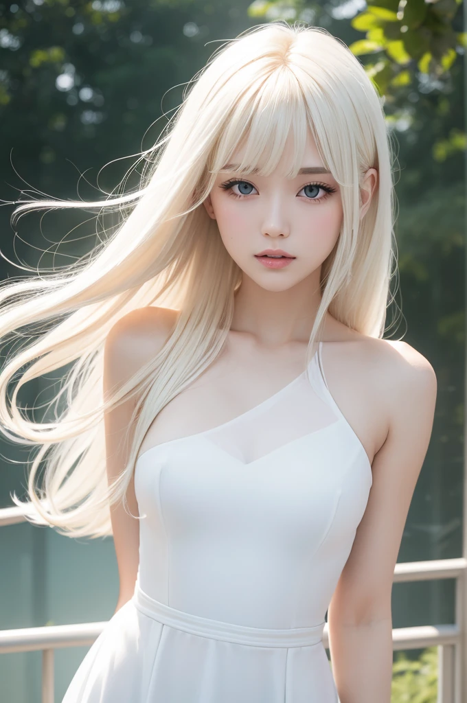 white blonde with shoulder-length hair with hot bangs in a white transparent dress