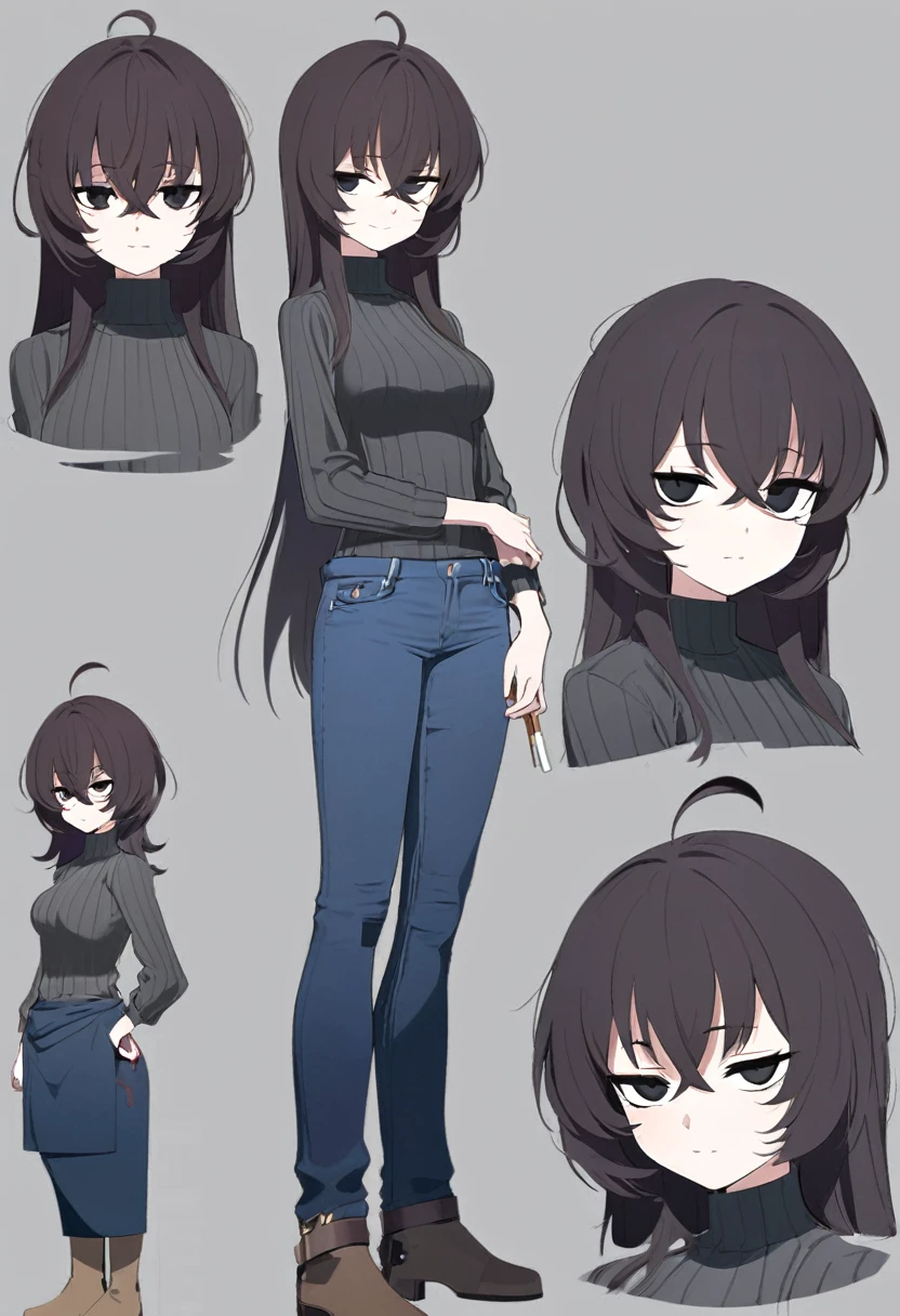 One Woman,Downer,older sister,Concept Art,Dark brown hair,Straight hair with slight inward curls,Staring eyes,Eye Ridge,black eye,Crossed bangs,whole body,smile,Slightly larger breasts,Gray background,Bangs that reach down to the eyes,Messy hair,Tight dark jeans,Gray turtleneck sweater,Multiple views of the same character,Character Design,Dark circles under the eyes,Bad look,Listless,Sloppy,Silver Jewelry,Cafe staff,Holding a cigarette,whole bodyCharacter Design,Detailed hands,Height: 170cm,boots,fleshy,