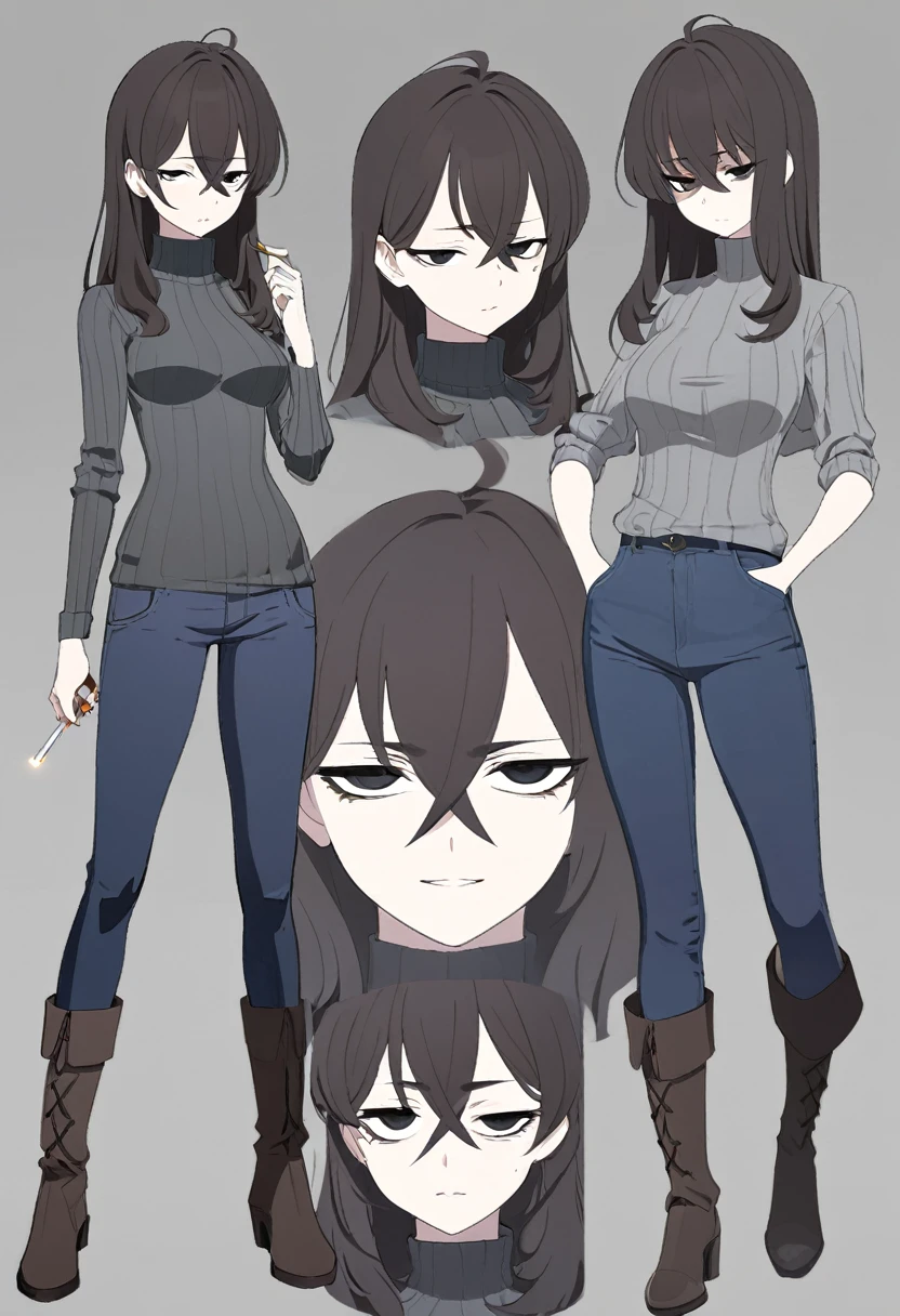 One Woman,Downer,older sister,Concept Art,Dark brown hair,Straight hair with slight inward curls,Staring eyes,Eye Ridge,black eye,Crossed bangs,whole body,smile,Slightly larger breasts,Gray background,Bangs that reach down to the eyes,Messy hair,Tight dark jeans,Gray turtleneck sweater,Multiple views of the same character,Character Design,Dark circles under the eyes,Bad look,Listless,Sloppy,Silver Jewelry,Cafe staff,Holding a cigarette,whole bodyCharacter Design,Detailed hands,Height: 170cm,boots,fleshy,