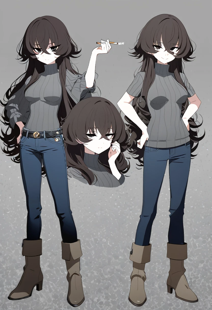 One Woman,Downer,older sister,Concept Art,Dark brown hair,Straight hair with slight inward curls,Staring eyes,Eye Ridge,black eye,Crossed bangs,whole body,smile,Slightly larger breasts,Gray background,Bangs that reach down to the eyes,Messy hair,Tight dark jeans,Gray turtleneck sweater,Multiple views of the same character,Character Design,Dark circles under the eyes,Bad look,Listless,Sloppy,Silver Jewelry,Cafe staff,Holding a cigarette,whole bodyCharacter Design,Detailed hands,Height: 170cm,boots,fleshy,