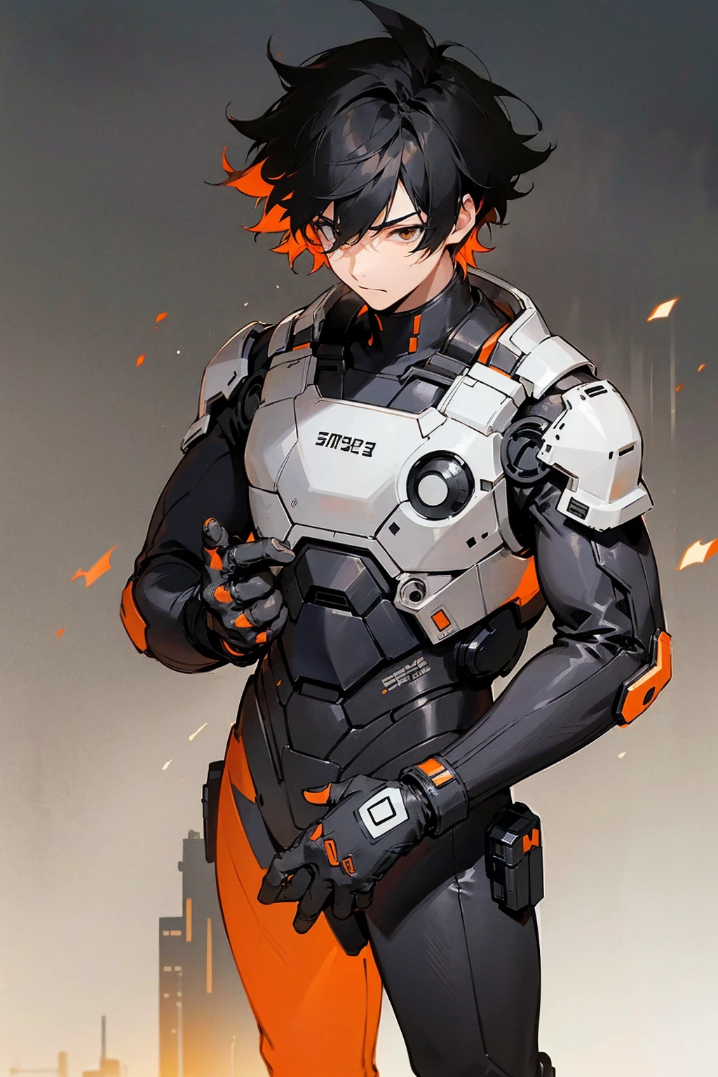 1male, black hair, orange two toned hair, messy hair, short hair, black and white combat suit, city background, detailed background, standing on path, hands to side, expressionless