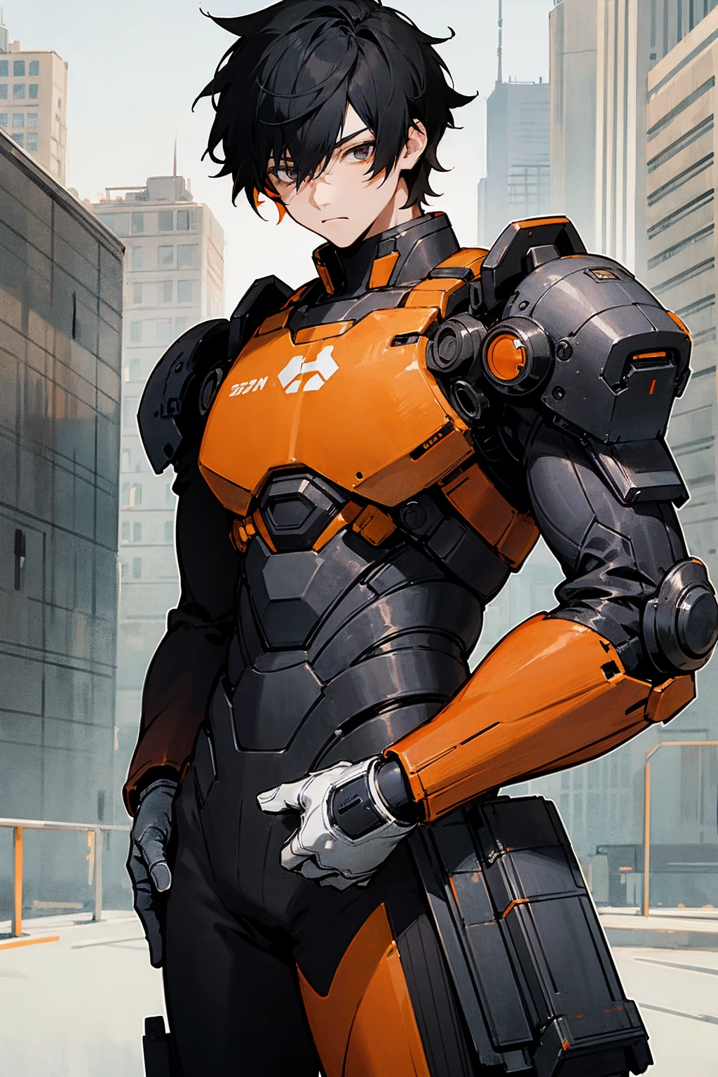 1male, black hair, orange two toned hair, messy hair, short hair, black and white combat suit, city background, detailed background, standing on path, hands to side, expressionless