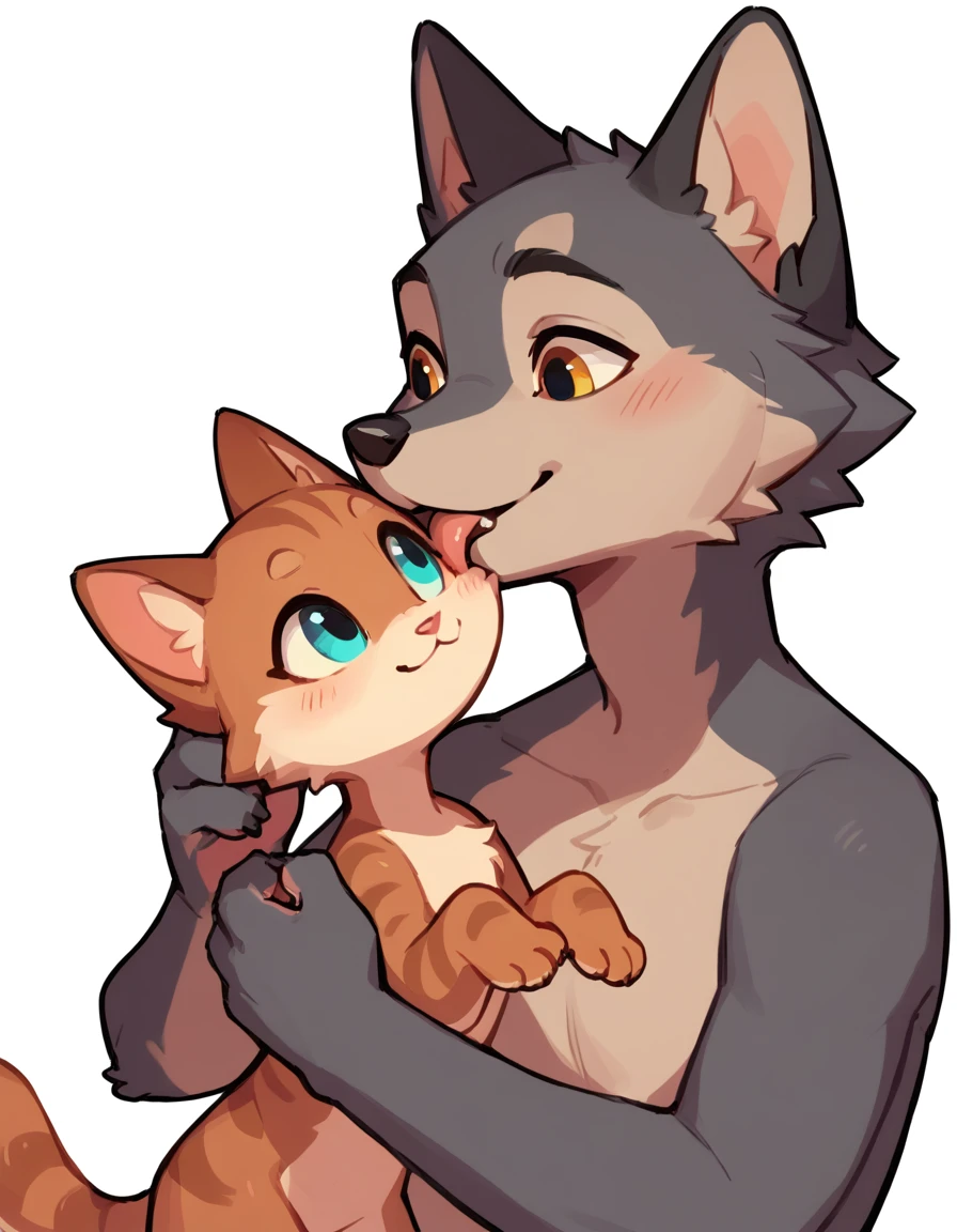 The Q version of the cute furry cat licking a furry wolf, romantic, cute, love, white background