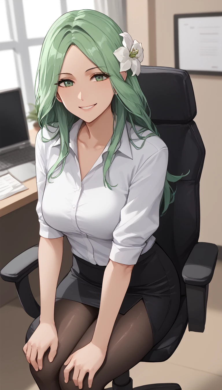 score_9, score_8_up, score_7_up, score_6_up, source_anime,masterpiece, best quality, 8k, 8k UHD, ultra-high resolution, ultra-high definition, highres, shading, good_hands, altrhea, green hair, hair flower, white shirt, black pencil skirt, shiny skin, pantyhose, office lady, office, solo, 1girl, sitting, looking at viewer, light smile, (tareme), office chair,
