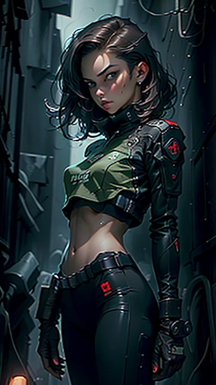 a beautiful woman with short brown hair, intense green eyes, full lips, wearing a tight-fitting black and red S.T.A.R.S. uniform, standing in a dark alley with a pistol in her hand, high contrast lighting, cinematic composition, photorealistic, intricate details, dramatic lighting, muted color palette, moody atmosphere