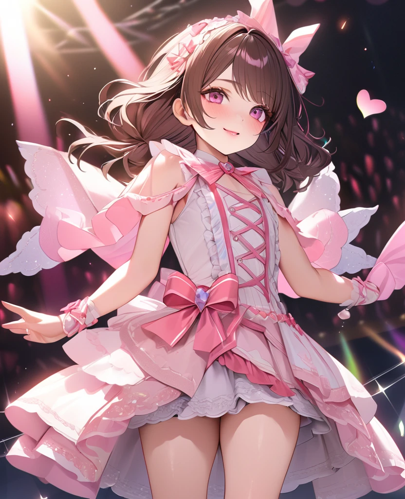 One Girl、Looking at the audience、
Beautiful Pink Eyes、Brown short twin tail  hair、Mole under the eye、Plump and glossy lips、Heart-shaped choca、Idol、she is name Riko,smile、ー、。.。.。.。.。.。.。.。.。.。.。.。.。.。.。.。.。.。.3D、Realistic、
idol costume、short skirt,Drape clothes、gem、The decoration has been removed、Floral、Lace trim,On the glittering stage、
masterpiece、highest quality、8k、Detailed skin texture、Detailed cloth texture、Beautifully detailed face、Intricate details、Very detailed、
超A high resolution、8K Ultra HD、Film Grain、Best Shadow、delicate、Staring at the audience、front