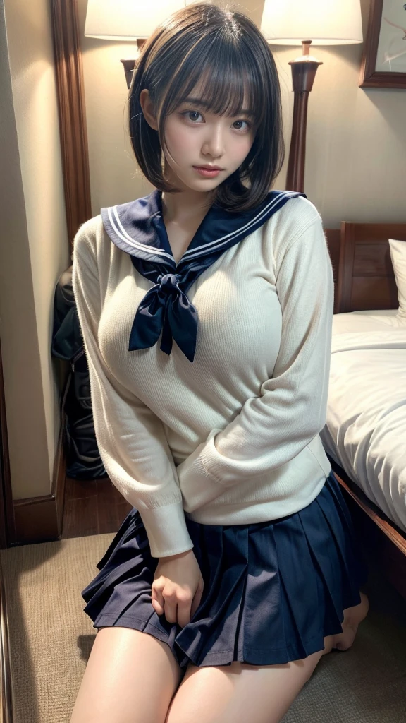 masterpiece, best quality, illustration, Super detailed, fine details, High resolution, 8K,wall paper, perfect dynamic composition,(Details High quality, realistic depiction of eyes:1.3), short hair, Black Sailor Uniform, serafuku, Navy pleated skirt, huge breasts, black hair color, Big Natural Color Lip, bold sexy pose, crying a little、 Harajuku style、20 year old girl、cute type、ta、beautiful legs, hotel room, full body photo、focus on crotch, hposing Gravure Idol