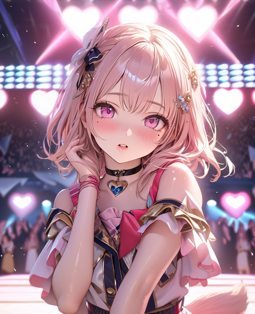 masterpiece, best quality, ultra detailed, high resolution, expensive resolution, HDR, 4k, 8K, uniform 8k wallpaper, ultra detailed CG, masterpiece, realistic, 2D, 3D, beautiful details, depth, fine texture, ultra fine: 1.3, perfectly focused, crispy .skin, .he, very cute anime girl, idol, A girl in her twenties,drenched in heavy rain outdoor stage, chest part is visible through, brown short twin-tail hair wearing expensive clothes, one girl, one person, brown short twin-tail hair, idol, mole under eye, looking at the viewer, expensive, blush, mole, open lips, hair accessory, heart-shaped choker, pink eyes, choker