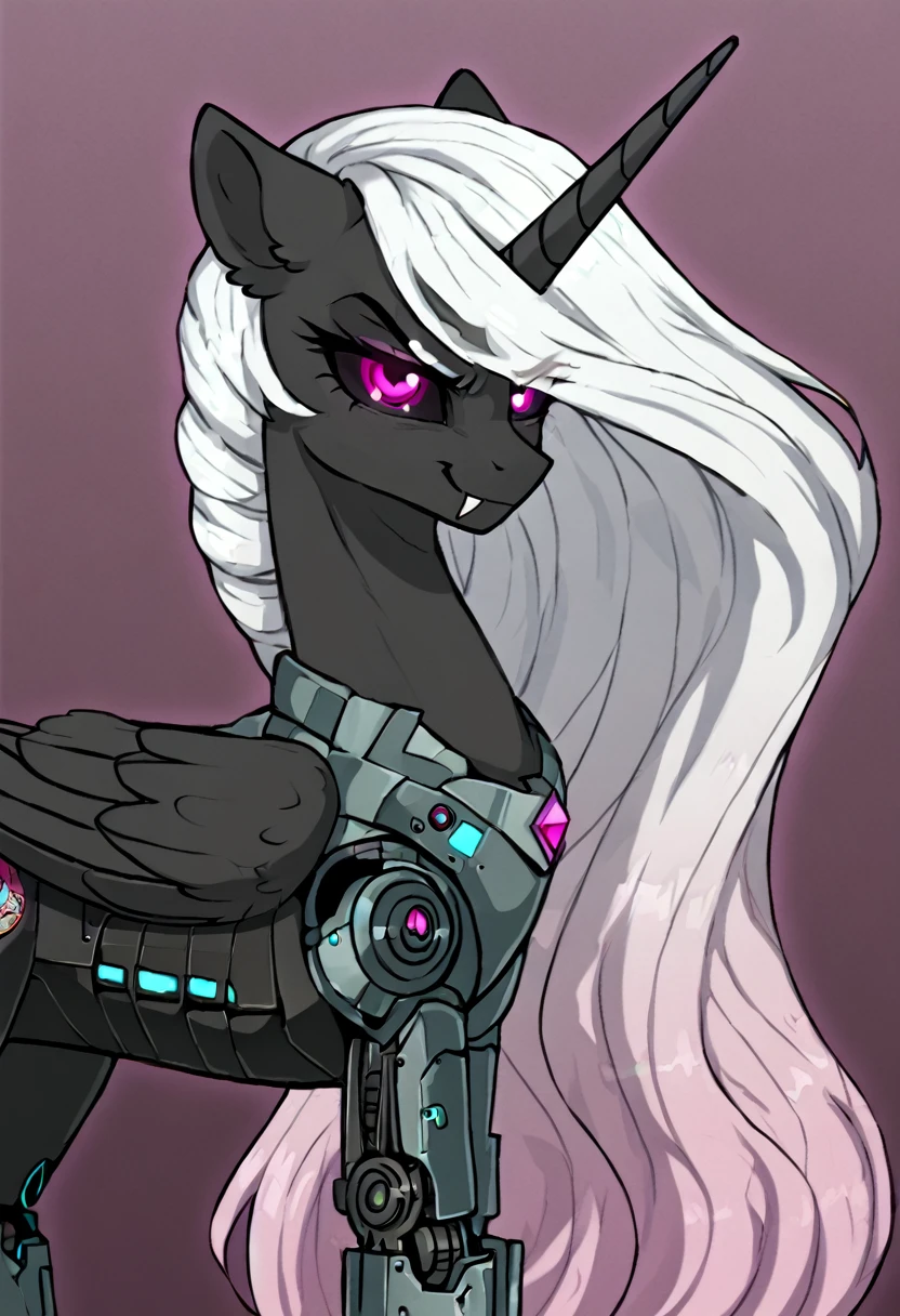 Alicorn , white mane,light blue cybernetic eyes, cybernetic body,black sclera ,black body color  long flowing  mane ,pony  pink eyes badass smirk princess 