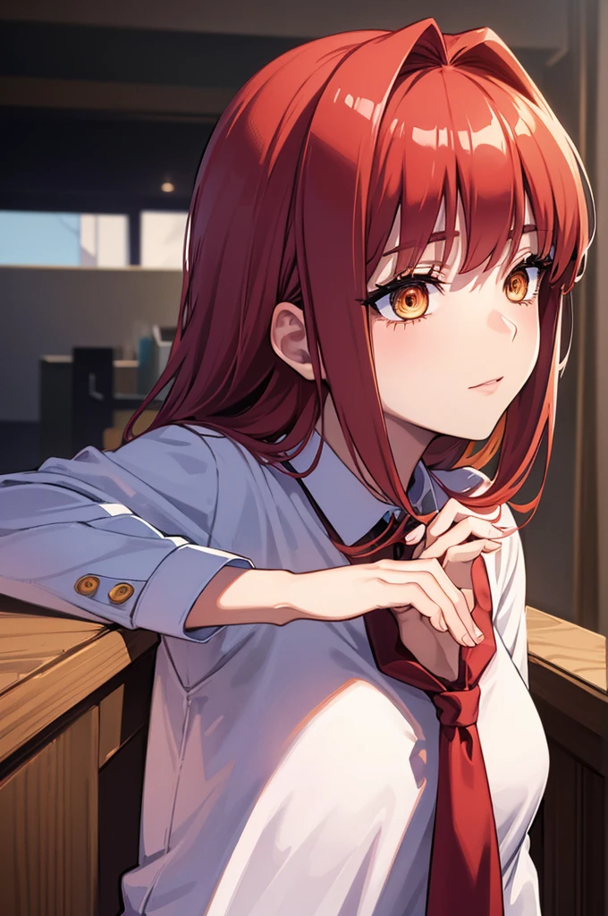 masterpiece, best quality, crossed fingers, (extremely detailed CG unity 8k wallpaper, masterpiece, best quality, ultra-detailed, best shadow), (detailed background), (beautiful detailed face, beautiful detailed eyes), High contrast,1girl, close up of a woman, anime girl with red hair and a white shirt and tie, pixiv, female anime character, detailed portrait of anime girl, anime character, realistic anime artstyle, anime girl portrait, crossed fingers, upper body, office suite, anime girl portrait