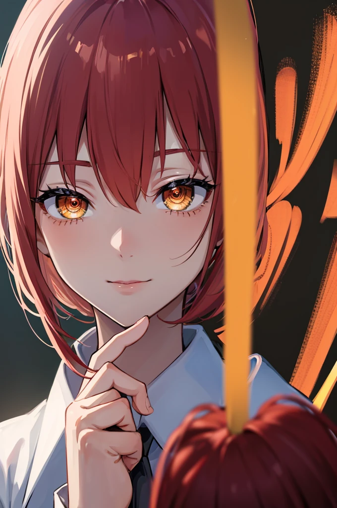 masterpiece, best quality, crossed fingers, (extremely detailed CG unity 8k wallpaper, masterpiece, best quality, ultra-detailed, best shadow), (detailed background), (beautiful detailed face, beautiful detailed eyes), High contrast,1girl, close up of a woman, anime girl with red hair and a white shirt and tie, pixiv, female anime character, detailed portrait of anime girl, anime character, realistic anime artstyle, anime girl portrait, crossed fingers, upper body, office suite, anime girl portrait