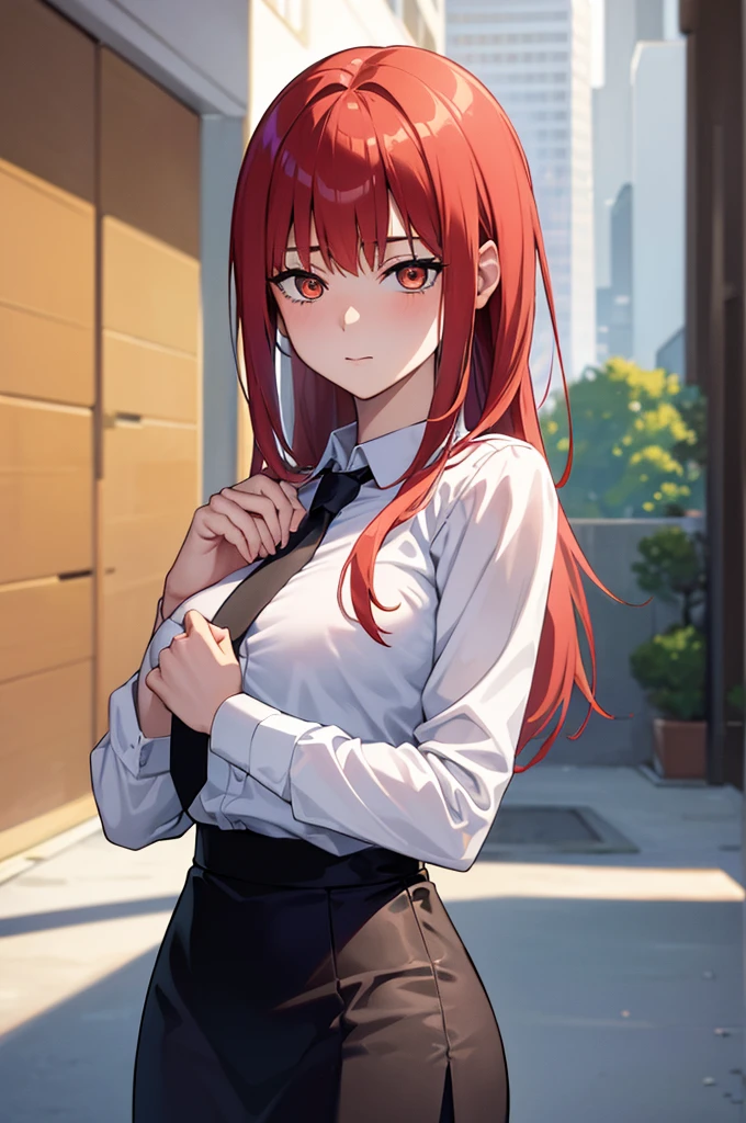 masterpiece, best quality, crossed fingers, (extremely detailed CG unity 8k wallpaper, masterpiece, best quality, ultra-detailed, best shadow), (detailed background), (beautiful detailed face, beautiful detailed eyes), High contrast,1girl, close up of a woman, anime girl with red hair and a white shirt and tie, pixiv, female anime character, detailed portrait of anime girl, anime character, realistic anime artstyle, anime girl portrait, crossed fingers, upper body, office suite, anime girl portrait