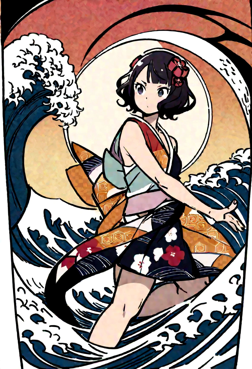 Extremely detailed 8K CG, Very detailed:1.3, Very delicate and detailed face:1.3, (Absurd, texture, masterpiece), Pop Art, pixiv Contest Winner, by Posuka Demizu, Dynamic cartoon style illustration of a slender woman wearing a kimono patterned bikini and bathing in the ocean. She is looking up.