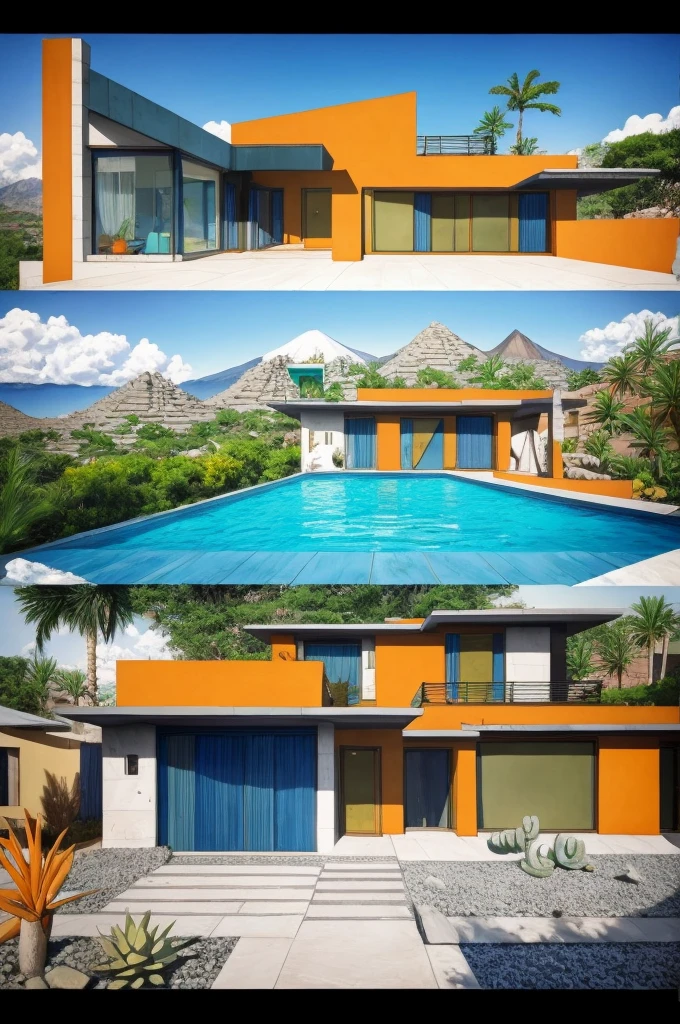An illustration in collage style, with giant boulders, brutalist building sections, terraces, stairs, cacti, agave, concrete texture, multiple geometric shapes, hatch and cross hatching, planet saturn, volcano, moon, Luis Barragán's architectural style build, milky way galaxy, violet, one motorcycle, An illustration in collage style, with giant boulders, brutalist building sections, stairs, cacti, agave, concrete texture, multiple geometric shapes, hatch and cross hatching, planet saturn, volcano, moon, Luis Barragán's architectural style build, reflective pool, terraces. An elegant and modern build, in top of big boulders, with terraces, materials concrete, wood, steel and crystal, various gardens with tropical vegetation, cacti and rocks, stairs, a pool. In middle of sea, a big wave near, sunset, mountains and a volcano in the horizont, cute islands around, illustration format, cute color palette, detailed, masterpiece, award-winning work, clouds, Illustration, a garden with abundant cacti, ((various organic sculptures)), ((big rocks)), (((multiple sections))), collage style, detailed, (((color palette (olive green), (Mustard orange), cool grey, ((blue)), black and white))), (((a lot Luis barragán's architecture style builds))) big clouds, volcano in horizon, stairs, in the desert. ((masterpiece, best quality)),illustration,ultra detailed 8k, ((Ori Toor visual style)),soviet, megabuildings, megastructures, buildings, organic steel sculpture
