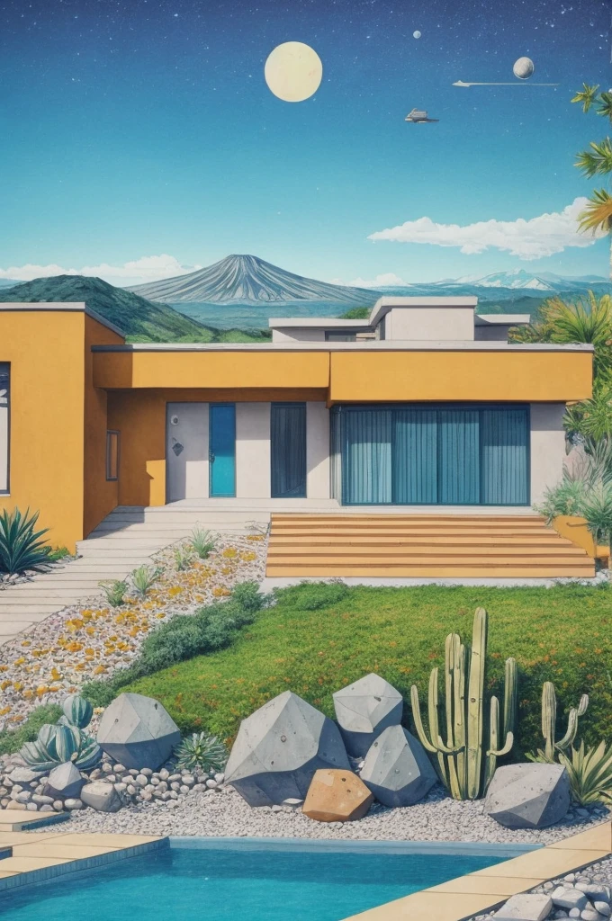 An illustration in collage style, with giant boulders, brutalist building sections, terraces, stairs, cacti, agave, concrete texture, multiple geometric shapes, hatch and cross hatching, planet saturn, volcano, moon, Luis Barragán's architectural style build, milky way galaxy, violet, one motorcycle, An illustration in collage style, with giant boulders, brutalist building sections, stairs, cacti, agave, concrete texture, multiple geometric shapes, hatch and cross hatching, planet saturn, volcano, moon, Luis Barragán's architectural style build, reflective pool, terraces. An elegant and modern build, in top of big boulders, with terraces, materials concrete, wood, steel and crystal, various gardens with tropical vegetation, cacti and rocks, stairs, a pool. In middle of sea, a big wave near, sunset, mountains and a volcano in the horizont, cute islands around, illustration format, cute color palette, detailed, masterpiece, award-winning work, clouds, Illustration, a garden with abundant cacti, ((various organic sculptures)), ((big rocks)), (((multiple sections))), collage style, detailed, (((color palette (olive green), (Mustard orange), cool grey, ((blue)), black and white))), (((a lot Luis barragán's architecture style builds))) big clouds, volcano in horizon, stairs, in the desert. ((masterpiece, best quality)),illustration,ultra detailed 8k, ((Ori Toor visual style)),soviet, megabuildings, megastructures, buildings, organic steel sculpture