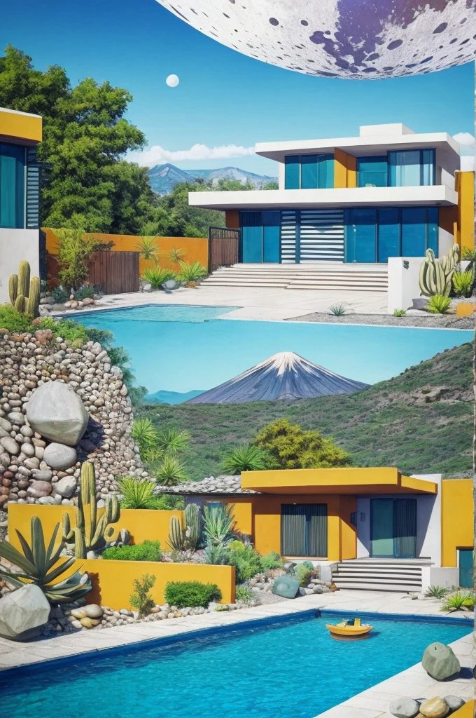 An illustration in collage style, with giant boulders, brutalist building sections, terraces, stairs, cacti, agave, concrete texture, multiple geometric shapes, hatch and cross hatching, planet saturn, volcano, moon, Luis Barragán's architectural style build, milky way galaxy, violet, one motorcycle, An illustration in collage style, with giant boulders, brutalist building sections, stairs, cacti, agave, concrete texture, multiple geometric shapes, hatch and cross hatching, planet saturn, volcano, moon, Luis Barragán's architectural style build, reflective pool, terraces. An elegant and modern build, in top of big boulders, with terraces, materials concrete, wood, steel and crystal, various gardens with tropical vegetation, cacti and rocks, stairs, a pool. In middle of sea, a big wave near, sunset, mountains and a volcano in the horizont, cute islands around, illustration format, cute color palette, detailed, masterpiece, award-winning work, clouds, Illustration, a garden with abundant cacti, ((various organic sculptures)), ((big rocks)), (((multiple sections))), collage style, detailed, (((color palette (olive green), (Mustard orange), cool grey, ((blue)), black and white))), (((a lot Luis barragán's architecture style builds))) big clouds, volcano in horizon, stairs, in the desert. ((masterpiece, best quality)),illustration,ultra detailed 8k, ((Ori Toor visual style)),soviet, megabuildings, megastructures, buildings, organic steel sculpture
