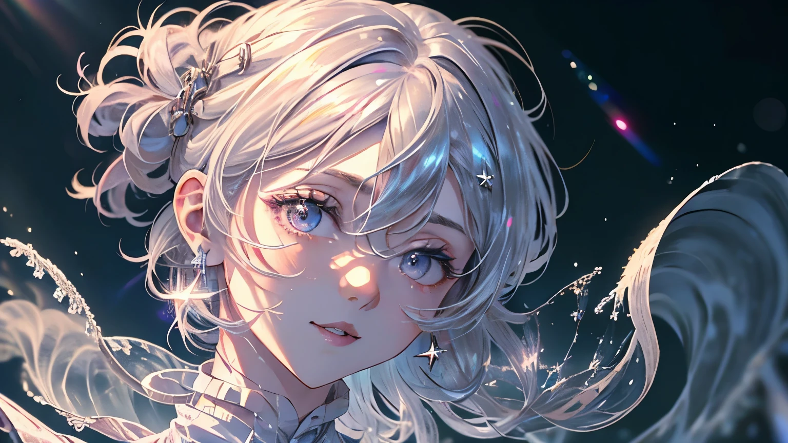 ((​masterpiece,hight resolution,8K picture quality,top-quality)),1girl in,((extra detailed face)),femele,Delicate eyes,((Purple eyes)),((hairstyle on:Very short,White hair)),lensflare,Dramatic makeup,look back and smile,Natural complexion,large full breasts,Diffuse reflection of light(colourfull:1.5),aurora night sky,Star-filled sky,City of Snow,Night illumination,City of buildings at night seen from a high place,full bodyesbian,