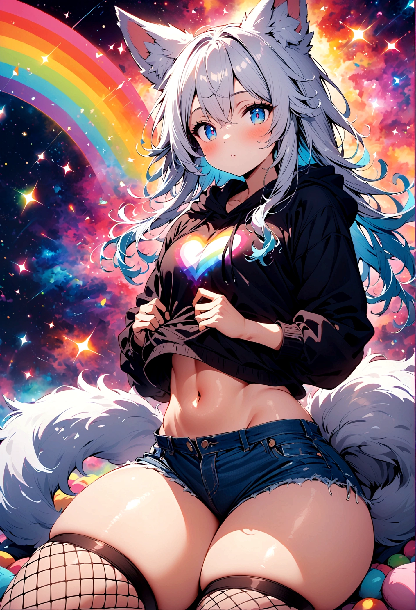 a cute adult male with wolf ears, long white hair, long locks, has a wolf tail, wearing a loose cropped oversized black hoodie, wearing a pair of denim short shorts and fishnet stockings, thick thighs, wide hips, relaxing on mound of fluffy multi colored kawaii plushies, short, very slim, showing slender tummy, heart on hoodie, squishy thighs, has glowing blue eyes. alone, solo (ALONE)(SOLO), surrounded by rainbows, colorful galaxy backround