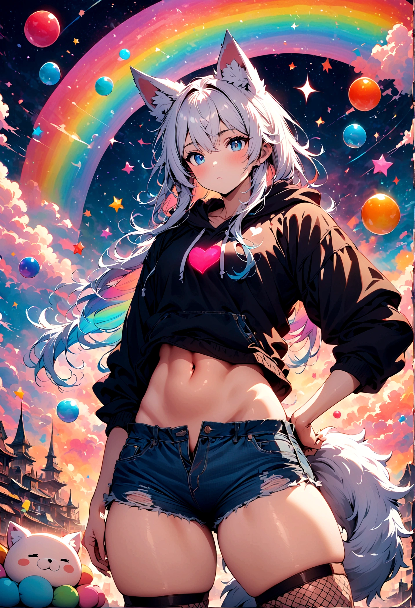 a cute adult male with wolf ears, long white hair, long locks, has a wolf tail, wearing a loose cropped oversized black hoodie, wearing a pair of denim short shorts and fishnet stockings, thick thighs, wide hips, relaxing on mound of fluffy multi colored kawaii plushies, short, very slim, showing slender tummy, heart on hoodie, squishy thighs, has glowing blue eyes. alone, solo (ALONE)(SOLO), surrounded by rainbows, colorful galaxy backround